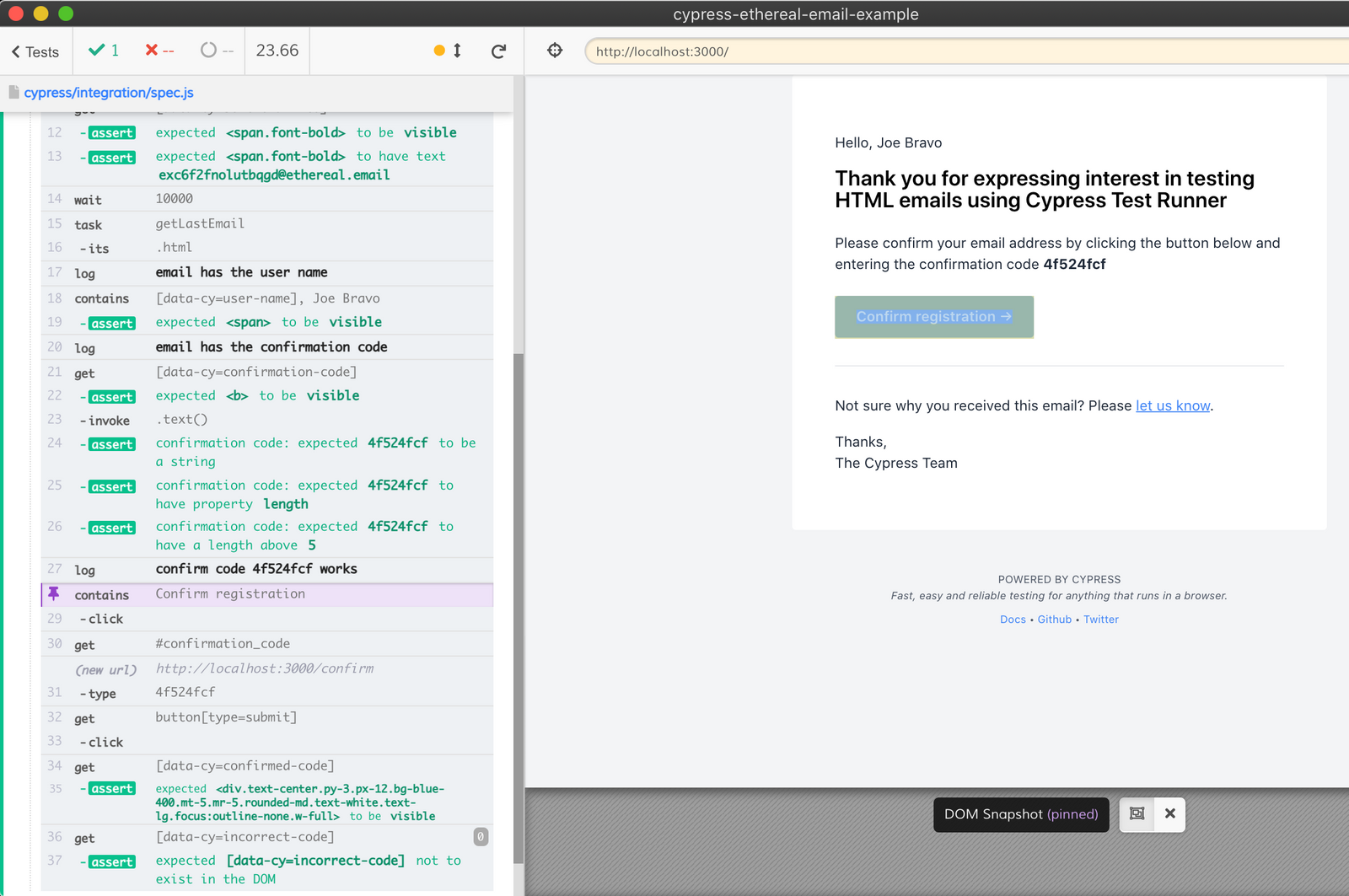 The HTML email loaded during the test The test finds and clicks the Confirm registration button